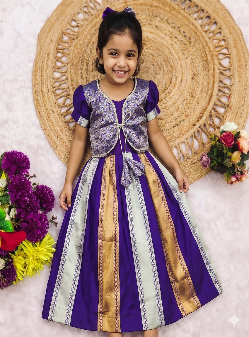 Teeya Creation Latest Designer Girls Royal Purple Silk Pattu Pavadai Lehenga Choli Set With Brocade Koti-Purple | Grocsy