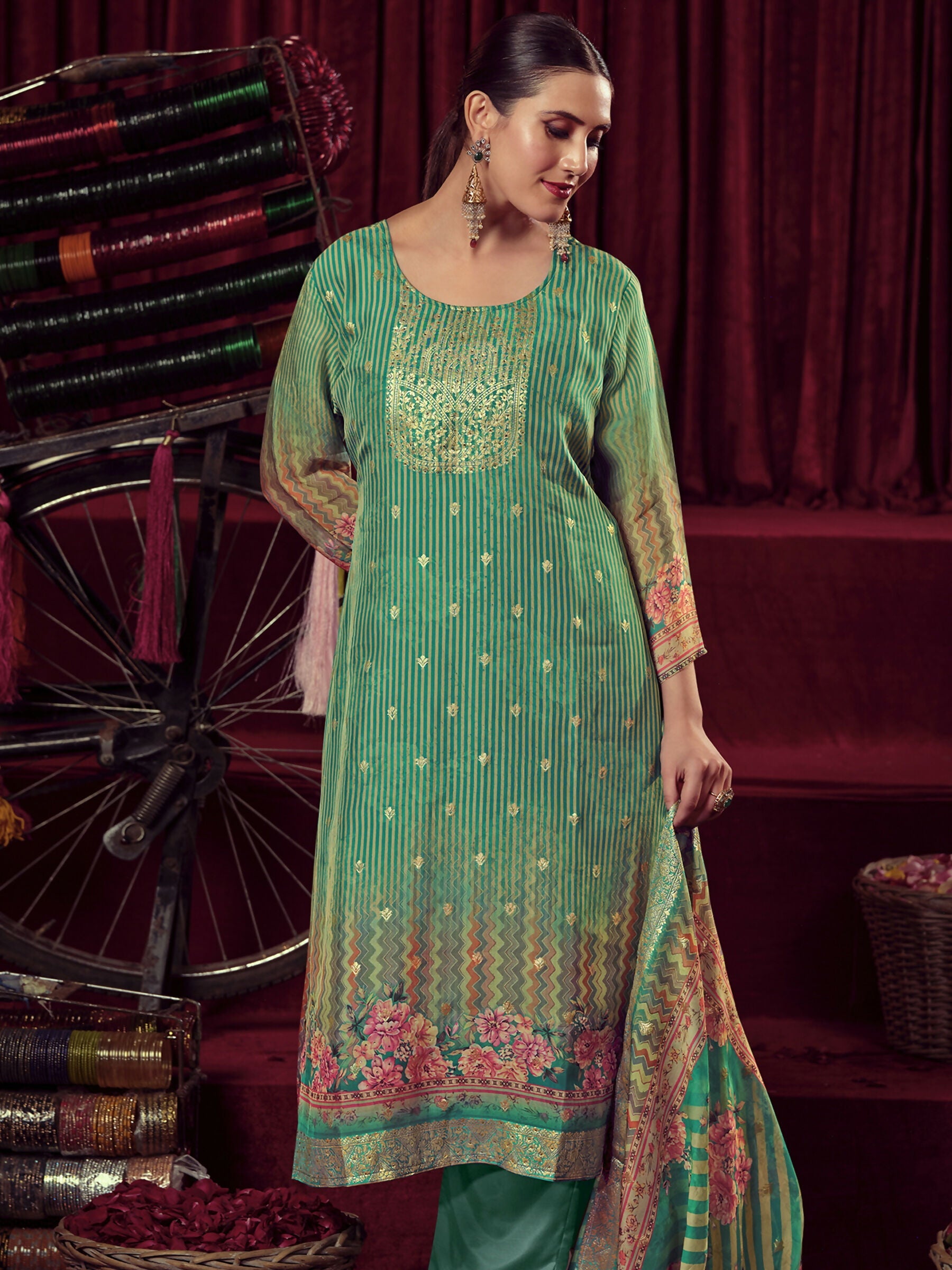 Jyoti Fashion Women's Green Organza Jacquard Woven Kurta with Trouser & Dupatta | Grocsy