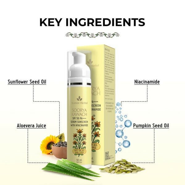 Avimee Herbal Soorya Kawach SPF 50 PA++++ Niacinamide Serum Sunscreen | Grocsy
