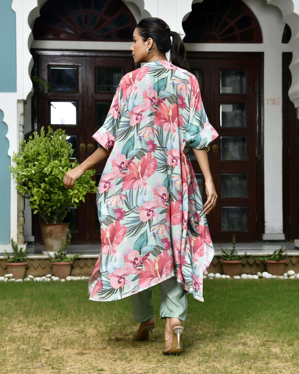 Vaasva Women's Aqua Musline Viscose Digital Printed Kaftan Pant Set | Grocsy