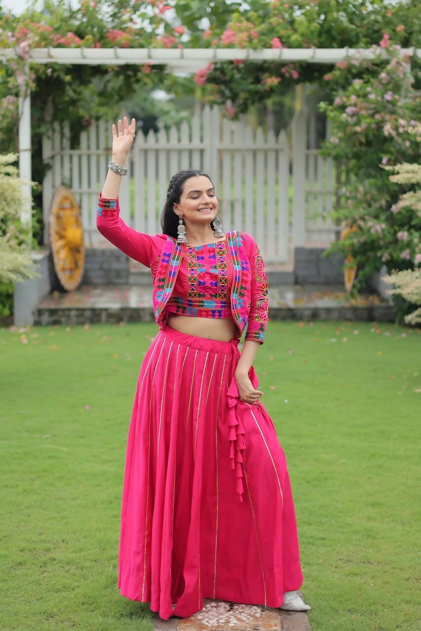 Teeya Creation Pink Colour Roman Silk With Gamathi Work Navratri Lehenga Choli | Grocsy