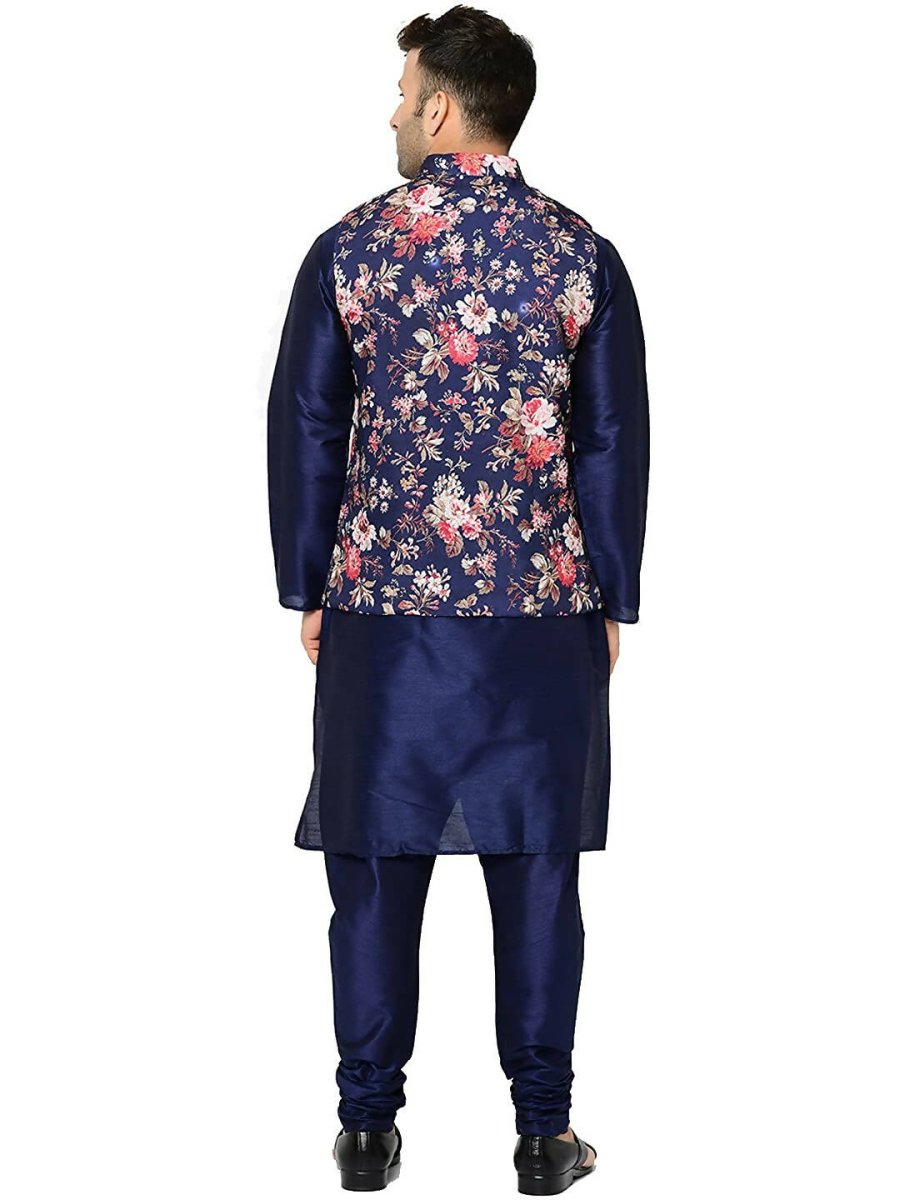 ABH Lifestyle Men's Silk Navy Blue Kurta Pyjama & Printed Nehru Jacket | Grocsy