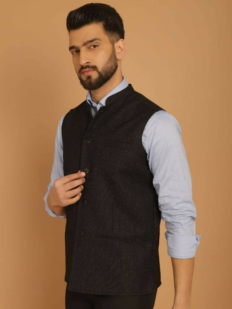 Even Apparels Pure Wool Nehru Jacket - Black | Grocsy