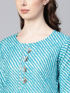 Yufta Women Blue & Off-White Leheriya Dyed Straight Kurta | Grocsy