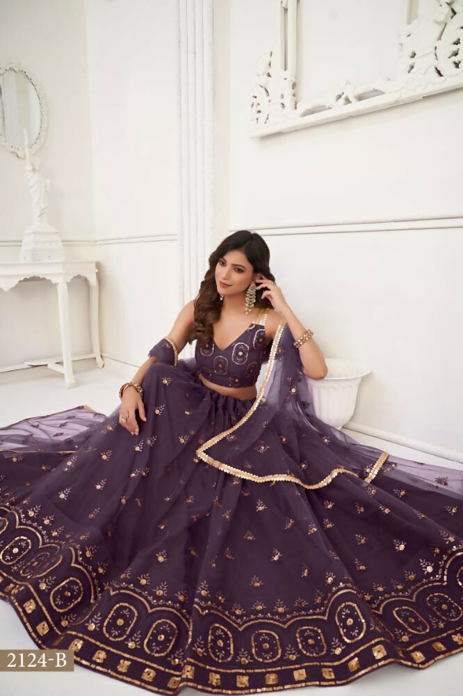 Aastha Fashion Dusty Wine Butterfly Net Tone To Tone Thread Work And Sandwich Sequence Work Embroidery Wedding Wear Lehenga Choli | Grocsy