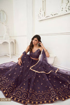 Aastha Fashion Dusty Wine Butterfly Net Tone To Tone Thread Work And Sandwich Sequence Work Embroidery Wedding Wear Lehenga Choli | Grocsy