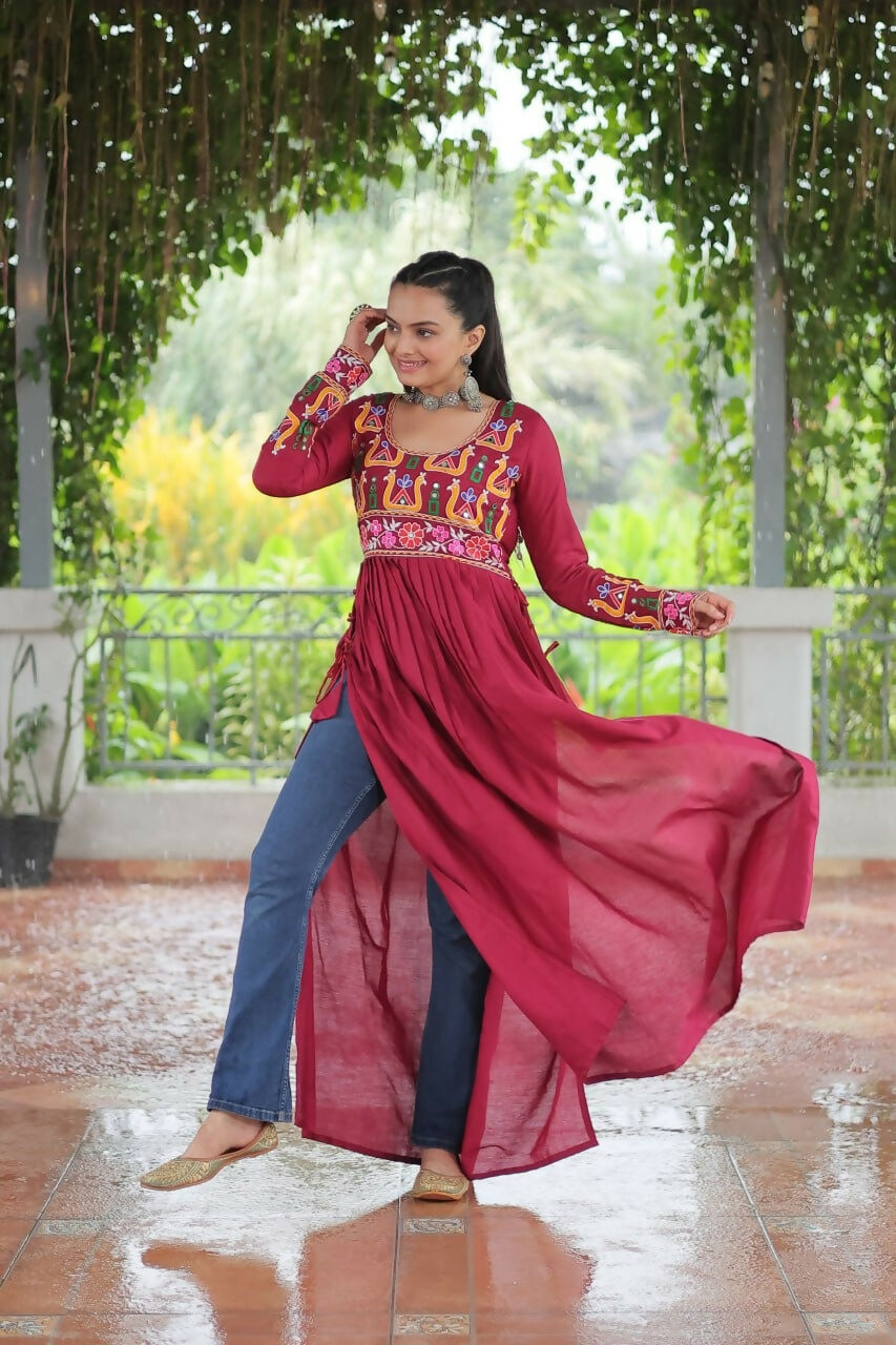 Vastranavya Pink Pink Navratri Special Rayon Kutchi Gamthi Work Kurti | Grocsy