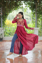 Vastranavya Pink Pink Navratri Special Rayon Kutchi Gamthi Work Kurti | Grocsy