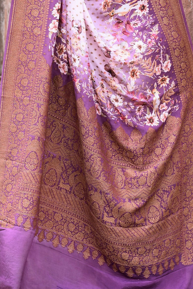 Joban Fashion Dark And Light Lilac Crepe Chiffon Pure Handloom Banarasi Silk Saree | Grocsy