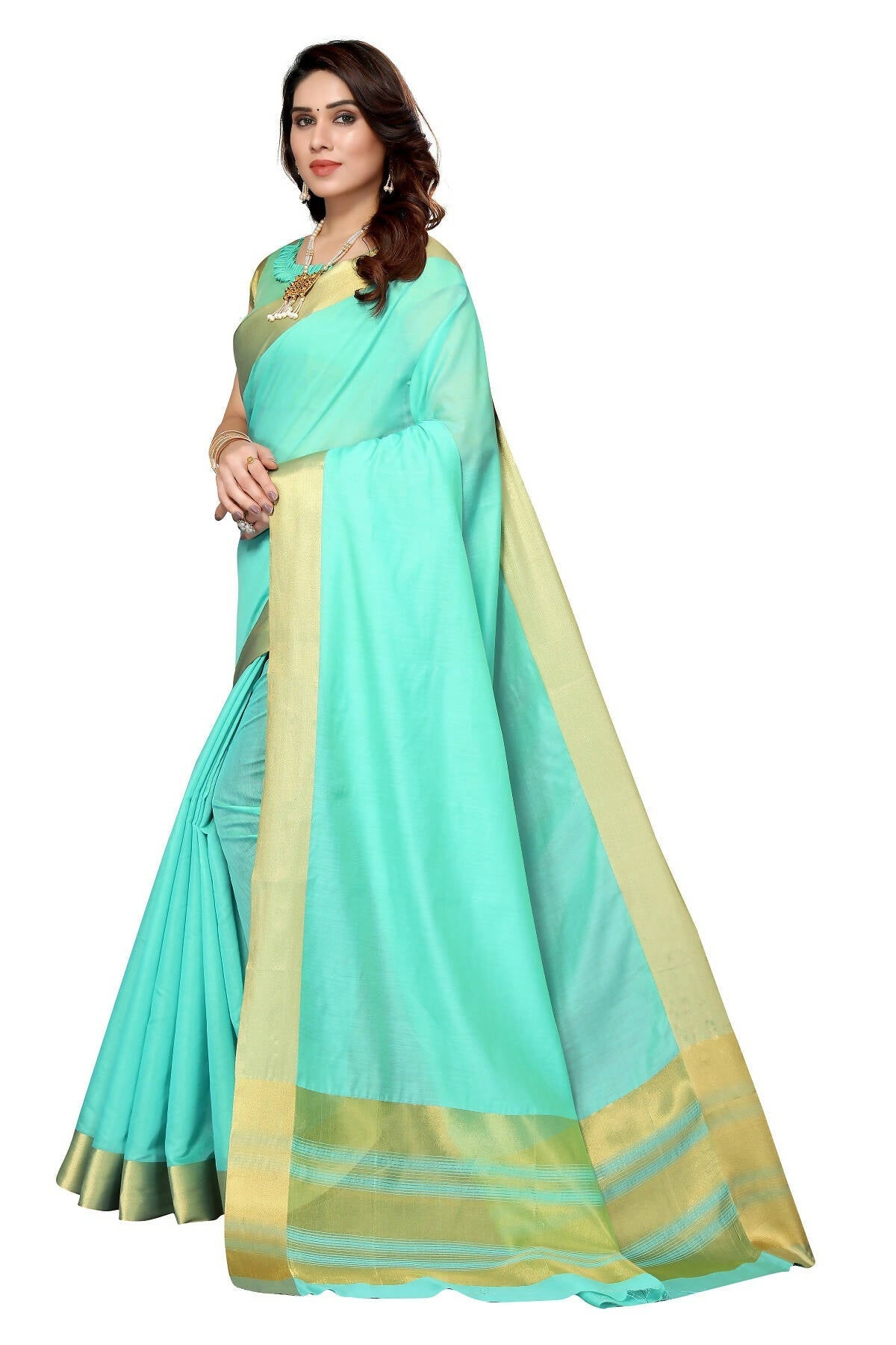 Vamika Sky Blue Cotton Polyester Silk Weaving Saree | Grocsy