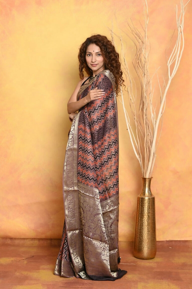 Very Much Indian Modal Silk Ajrakh Handblock Printed Natural Dyes With Designer Border Saree - Brown | Grocsy