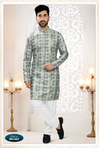 Joban Fashion Men's Green & Blue Straight Silk Thread And Sequence Embroidery All Over Kurta Set | Grocsy