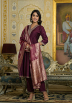 Juniper Women's Wine Zari Embroidered Viscose Kurta Pant And Dupatta Set With Sequins & Lace | Grocsy