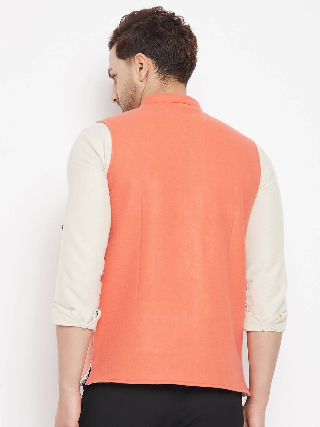Even Apparels Orange Wool Men Woven Nehru Jacket | Grocsy