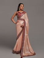 PR Fashion Peach Chinon Embroidery Lace Saree | Grocsy