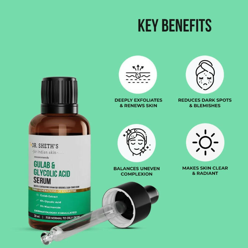 Dr. Sheth's Gulab & Glycolic Acid Face Serum with 5% Niacinamide, Skin Texture & Uneven Skin, For Normal to Oily Skin | Grocsy