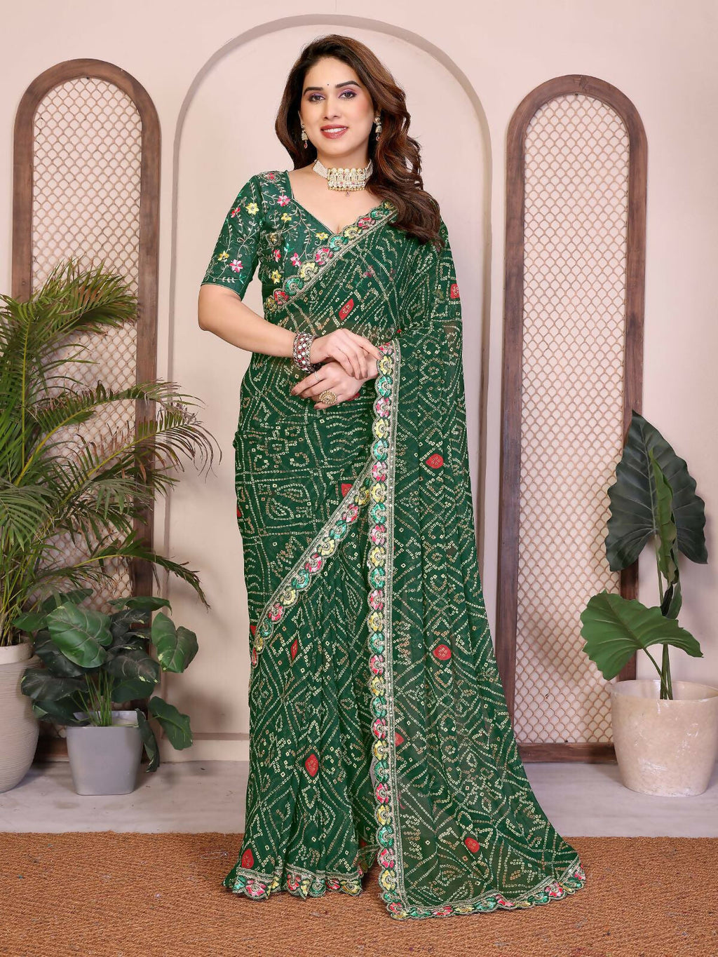 Teeya Creation Womens Trendy Simply Bandhej Georgette Saree-Green | Grocsy