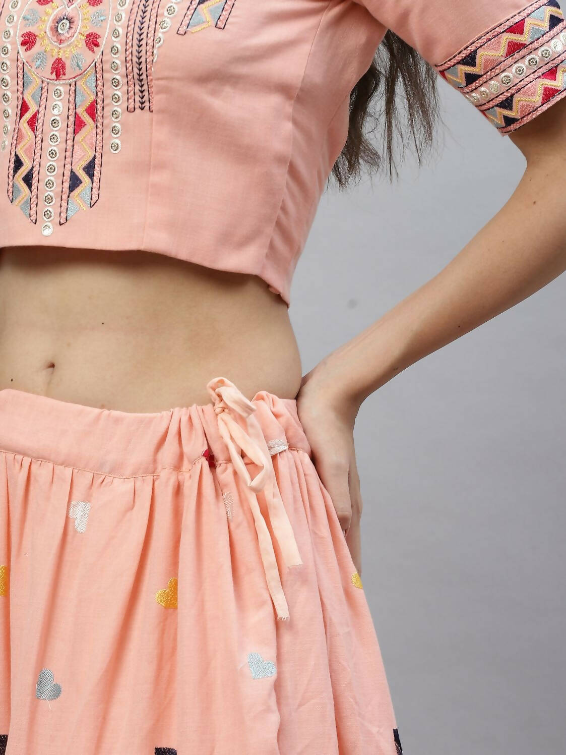 Pink Cotton Embroidered Work Lehenga Choli with Dupatta - Jivika | Grocsy