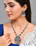 VOJ Silver Plated Oxidized Long Necklace with Earring Set | Grocsy