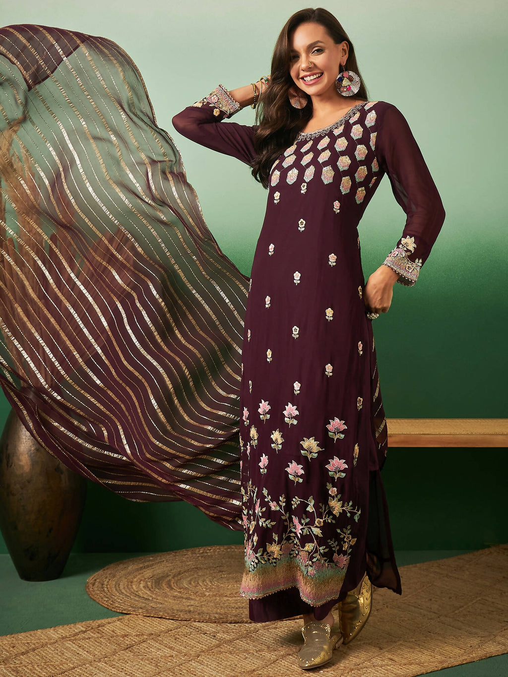 Wine Georgette Handwork Unstitched Dress Material - Hanika | Grocsy