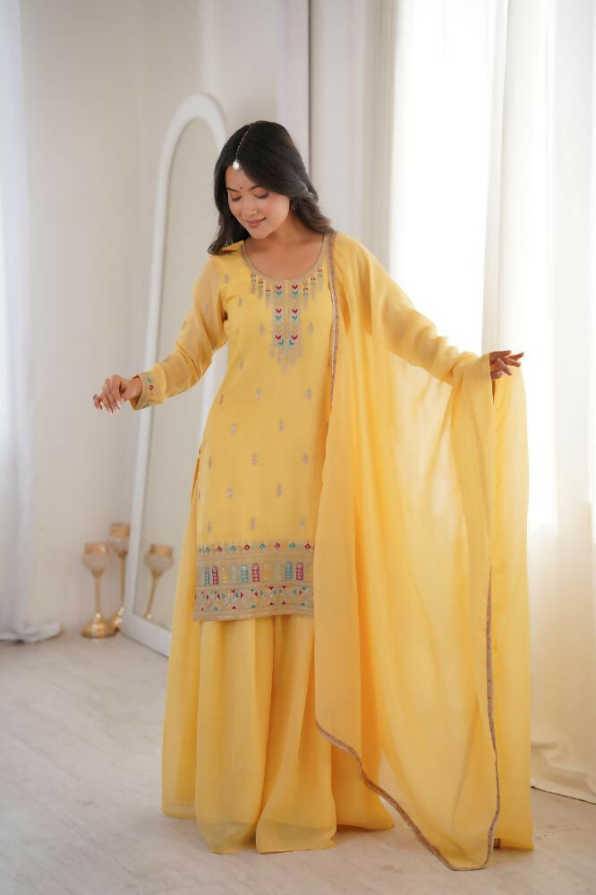 Lehenga Mart Designer Sharara Suit With Kurta, Sharara, Dupatta For Women-Yellow | Grocsy