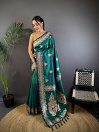 Joban Fashion Banarasi Dusty Teal Woven Soft Silk Saree | Grocsy