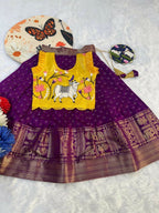 Teeya Creation Kids Latest Collection Girls Yellow & Wine Purple Pattu Pavadai Lehenga Set With Ruffle Sleeves-Yellow | Grocsy