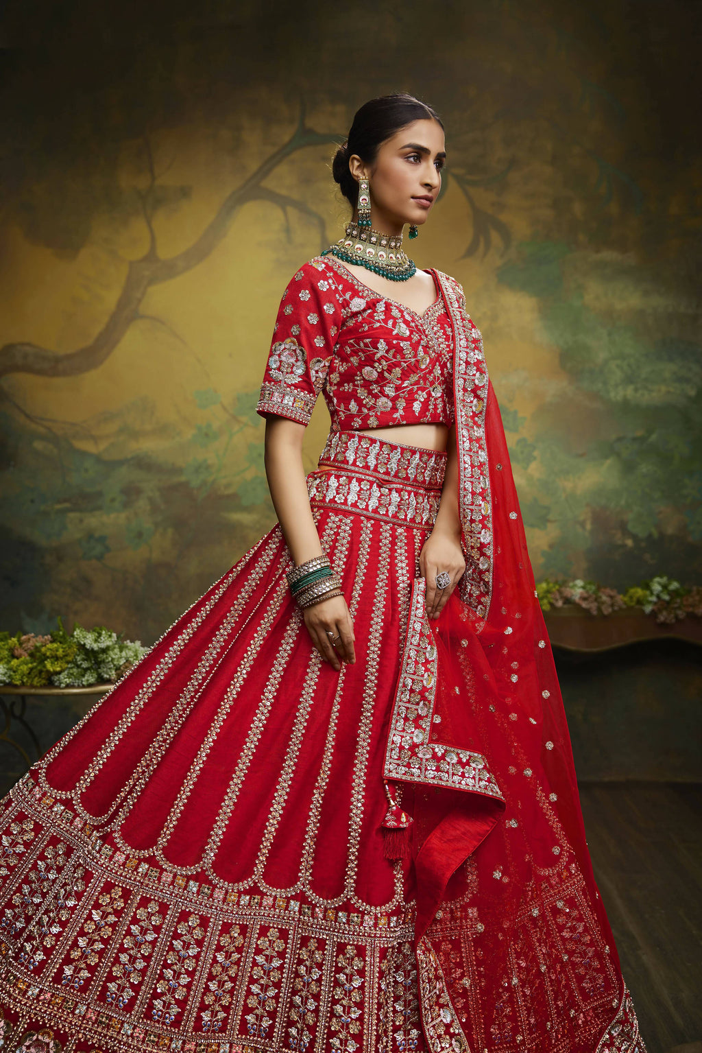 House of Panchhi Red Pure Silk Moti & Zarkan heavy embroidery Lehenga choli & Dupatta | Grocsy