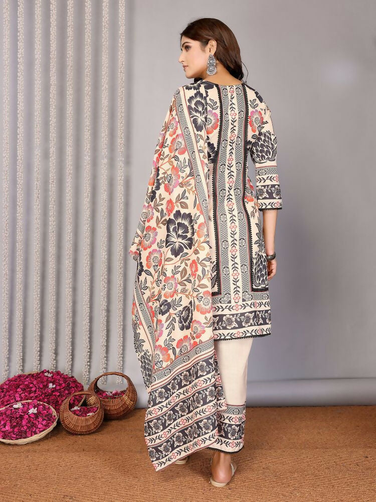 Joban Fashion Women Cream Linen Printed Stitched Kurta Set | Grocsy