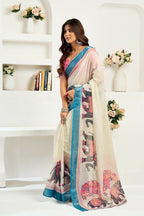 Vastranavya Cream Digital Printed Linen Ready To Wear Designer Saree with Unstitched Blouse | Grocsy