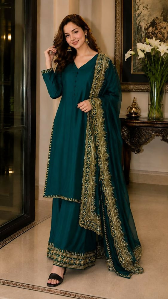 Teeya Creation New Latest Stylish Classic Rama Festive Kurta Set with Gold Zari Border Palazzo and Dupatta | Grocsy