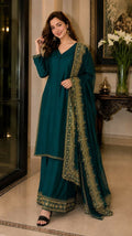 Teeya Creation New Latest Stylish Classic Rama Festive Kurta Set with Gold Zari Border Palazzo and Dupatta | Grocsy