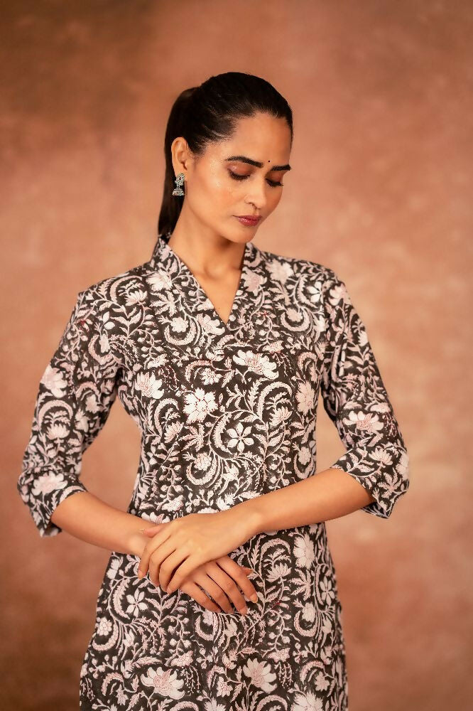 Joban Fashion Black Floral Hand Block Printed Cotton Kurta Pant Set | Grocsy