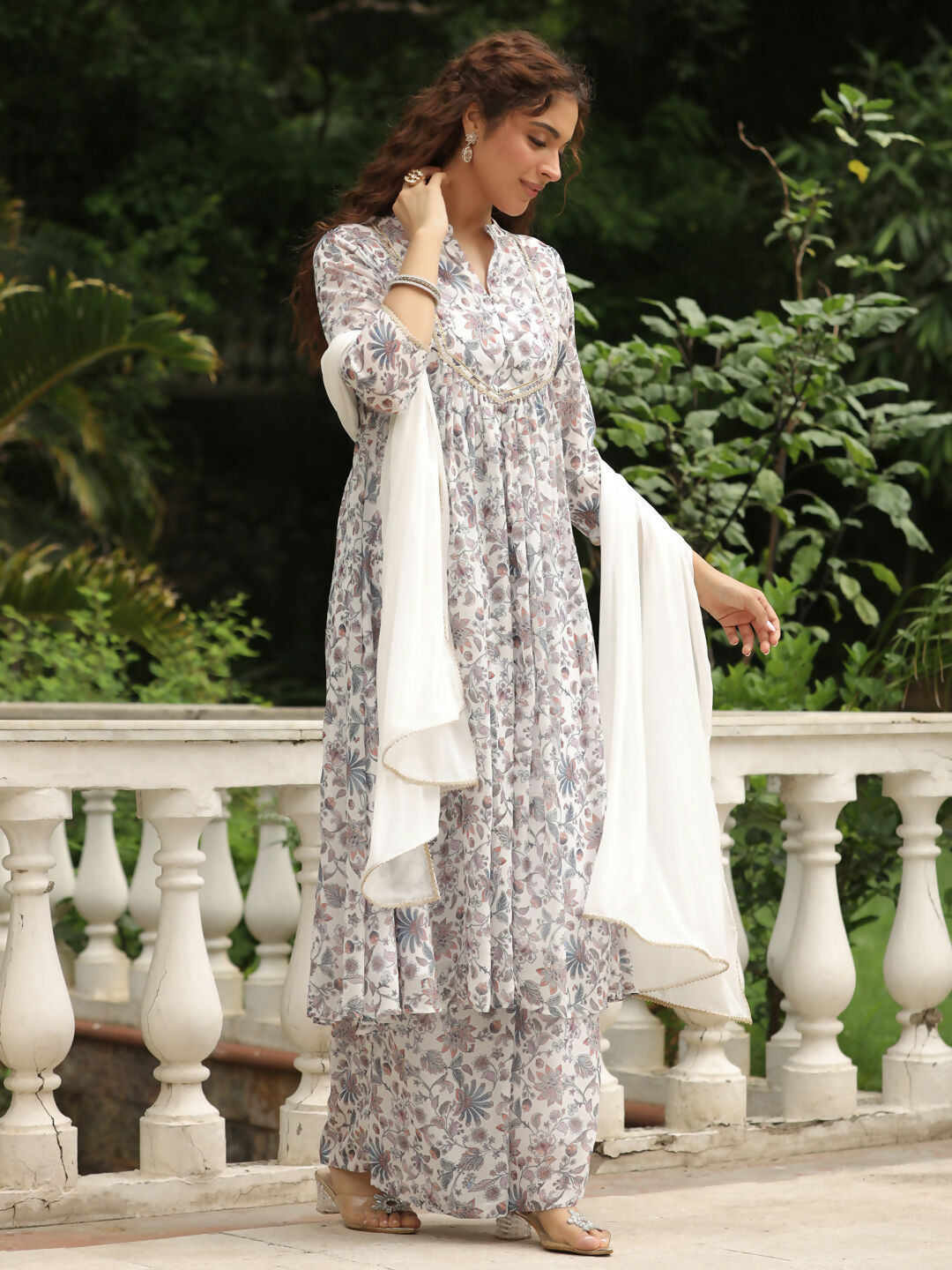 Janasya White Georgette Floral Kurta,Bottom & Dupatta | Grocsy