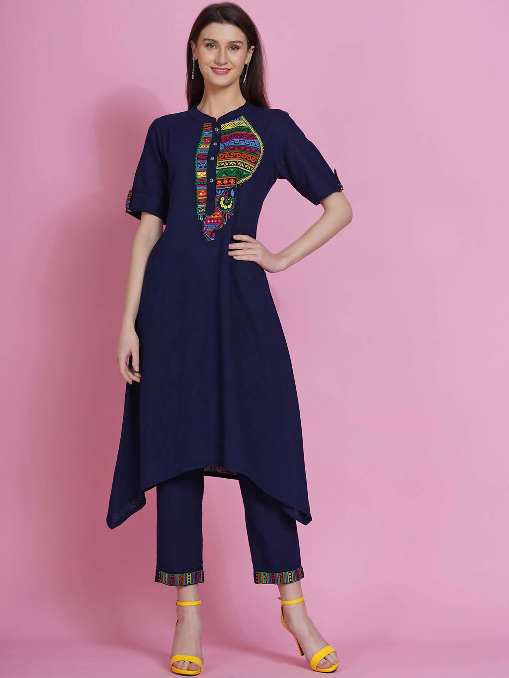 Women Republic Navy Blue Cotton Embroidered Kurta With Pants | Grocsy
