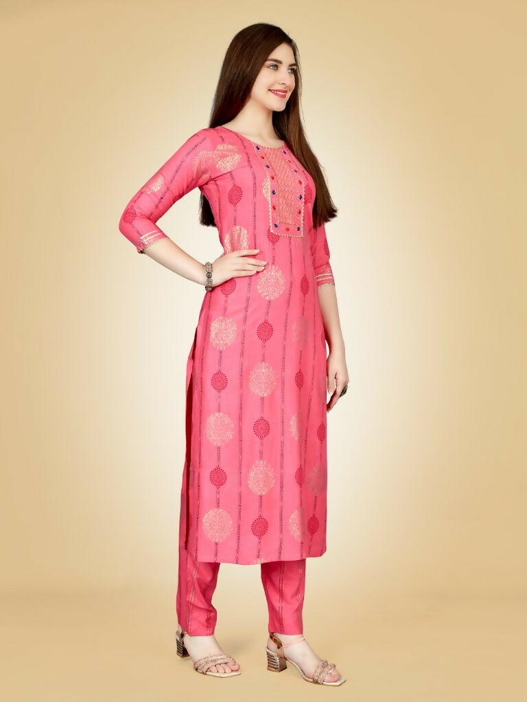 Jyoti Fashion Women's Pink Viscose Rayon Embroidered Kurta Pant Set | Grocsy