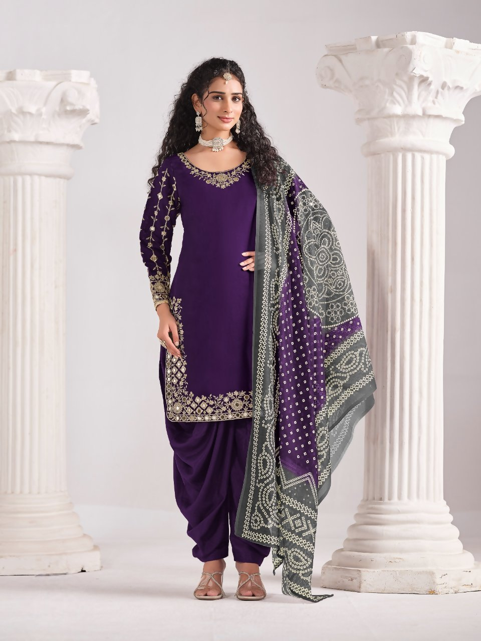 Anaita Purple Roman Silk Stitched Suit with Embroidery & Real Mirror Work | Grocsy