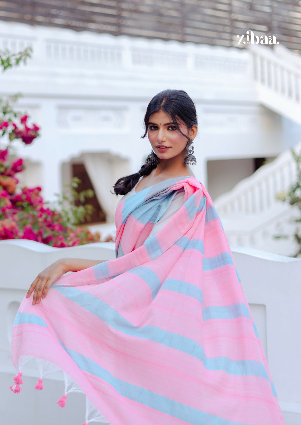 Zibaa Hand-Dyed Mul Cotton Striped Saree with Tassels | Grocsy