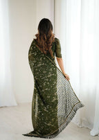 PR Fashion Mehendi Georgette Patta Plain With Foil Work And Small Lace And Zalar Lace Saree | Grocsy