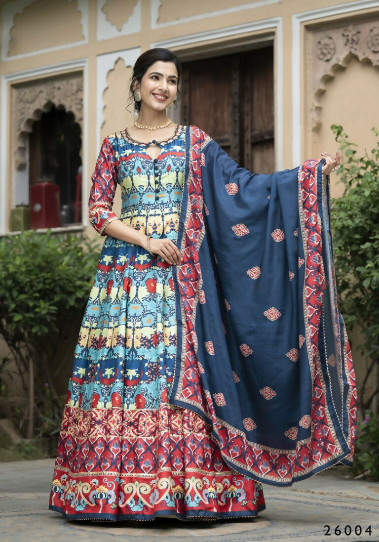 Wedding Designer Multi Soft Dola Silk Anarkali suit with Dupatta - Samanta | Grocsy