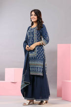 Juniper Women Indigo Cotton Cambric Printed Kurta, Palazzo and Dupatta Set | Grocsy