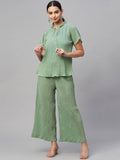 Myshka Women Green Chiffon Round Neck Top Palazzo Set | Grocsy