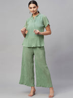 Myshka Women Green Chiffon Round Neck Top Palazzo Set | Grocsy