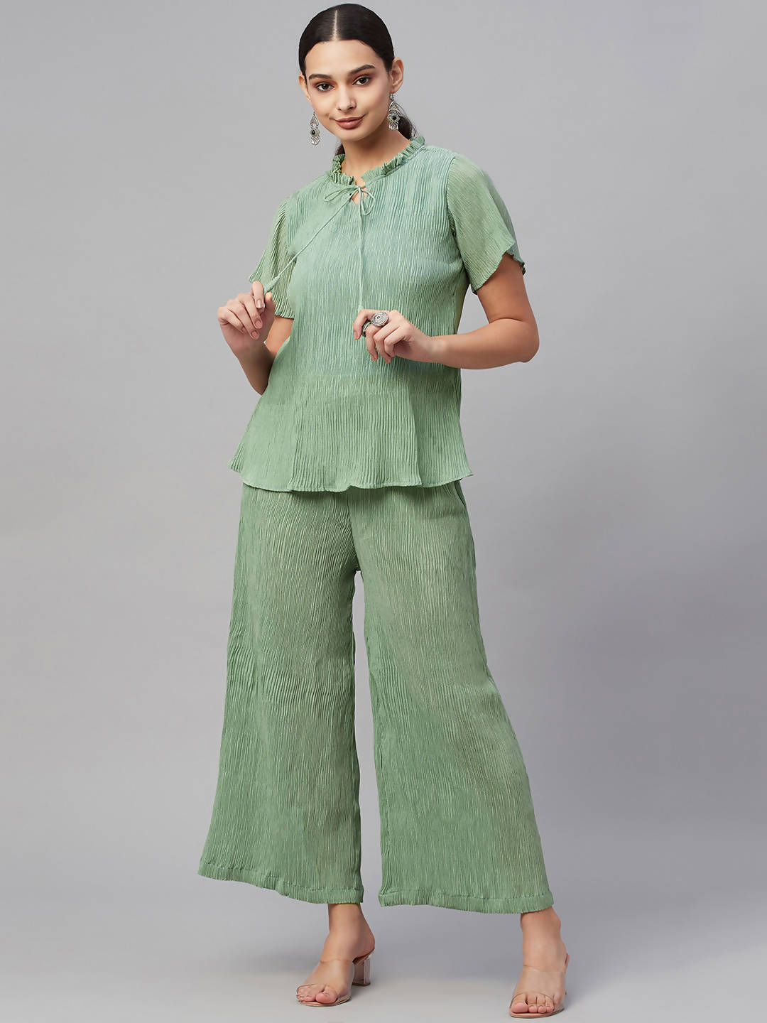 Myshka Women Green Chiffon Round Neck Top Palazzo Set | Grocsy