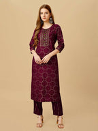 Jyoti Fashion Women's Wine Viscose Rayon Embroidered Kurta Pant Set | Grocsy