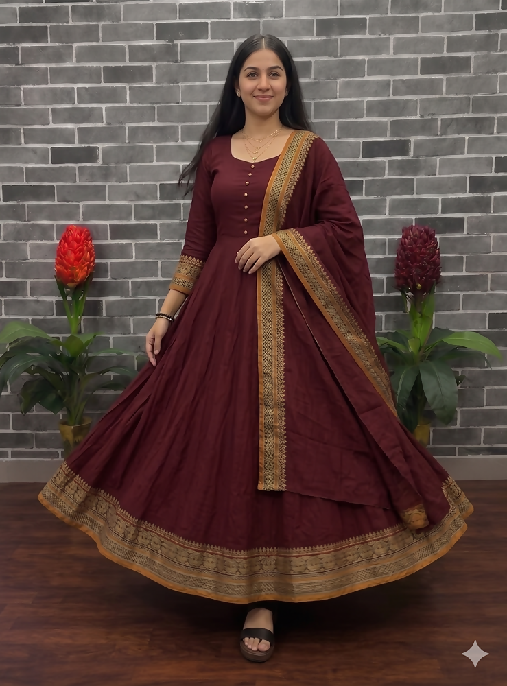 Teeya Creation New Trendy Stylish Maroon Solid Anarkali Kurta with Traditional Golden Border Dupatta Set | Grocsy