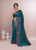 Joban Fashion Aqua Blue Cotton Blend Handloom Saree | Grocsy