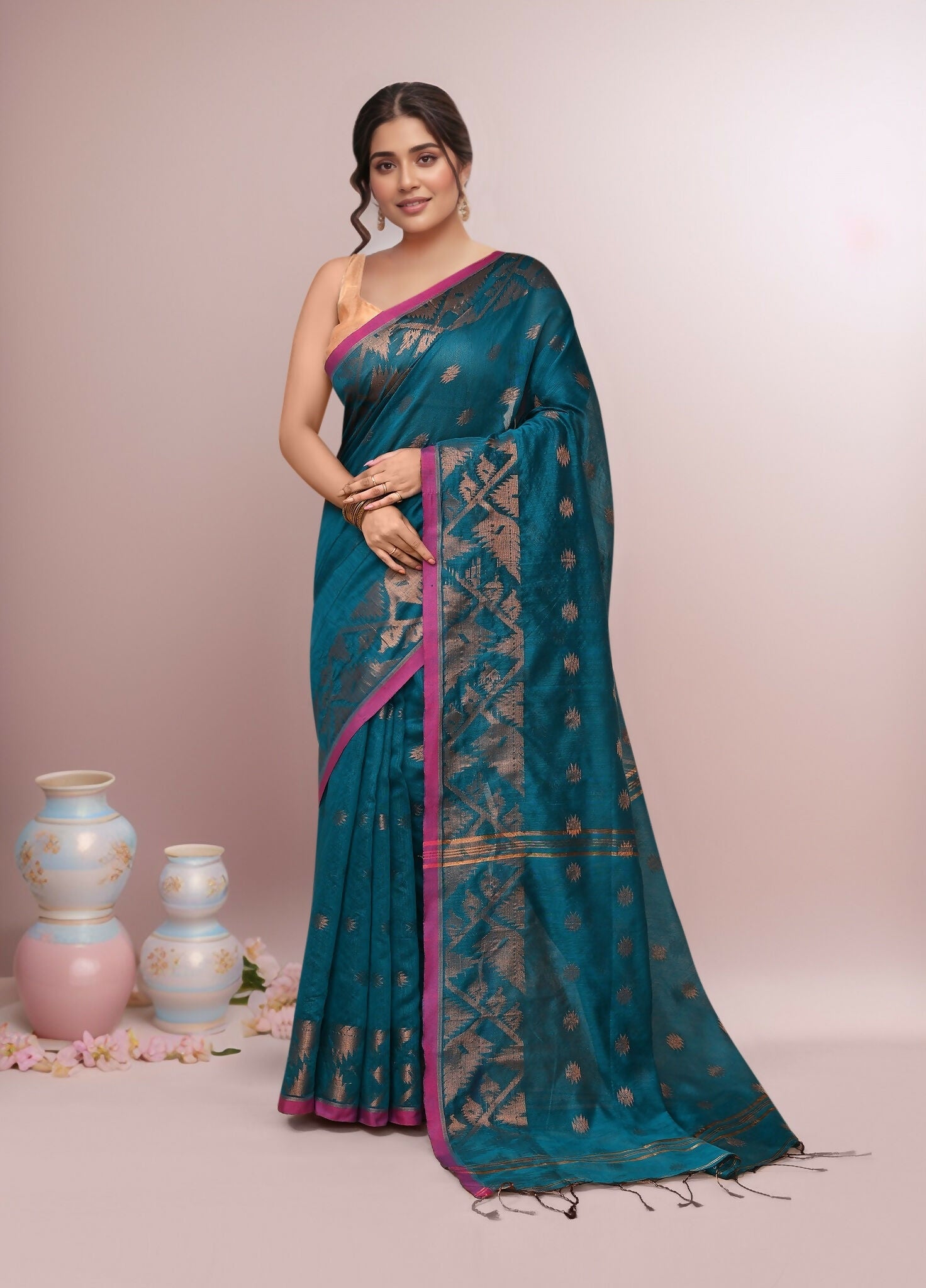 Joban Fashion Aqua Blue Cotton Blend Handloom Saree | Grocsy