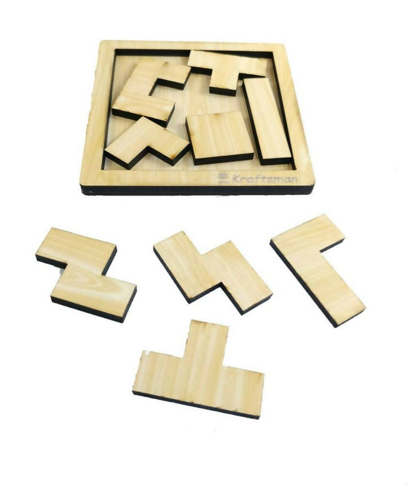 Kraftsman Portable Wooden Tetris Puzzle | 9 Pieces Puzzle 6x6 Board for Kids and Adults | Travel Pouch Included | Grocsy