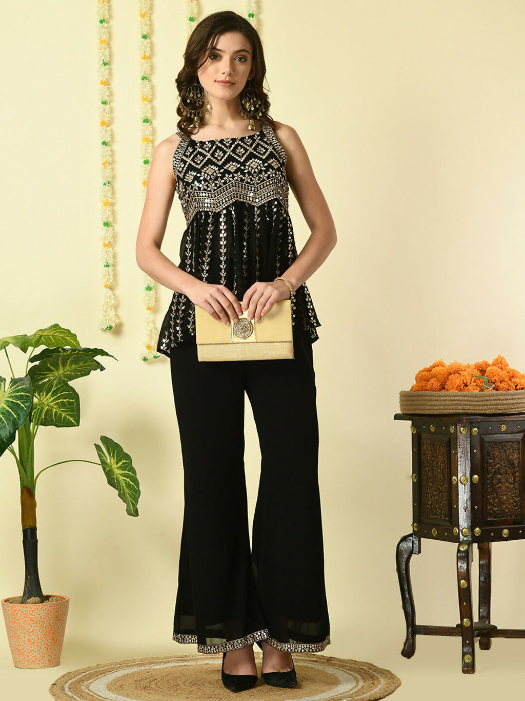 Myshka Women's Black Georgette Top With Palazzos Party Sets | Grocsy